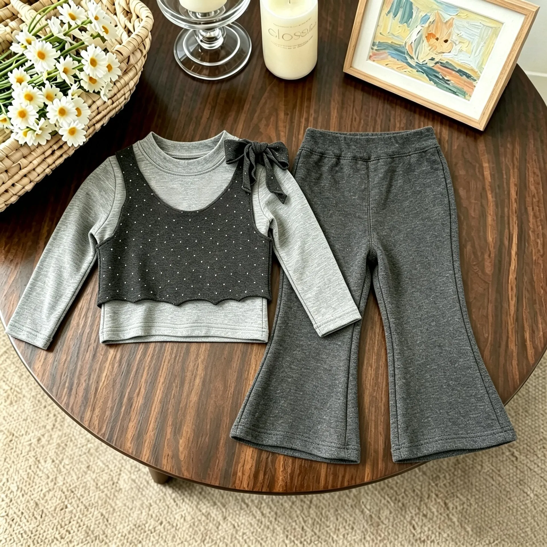 Girl Kids Autumn Winter Clothes Korean Fashion Pure Cotton Long Sleeve and Elastic Waist Bell-bottoms Two Price Sets