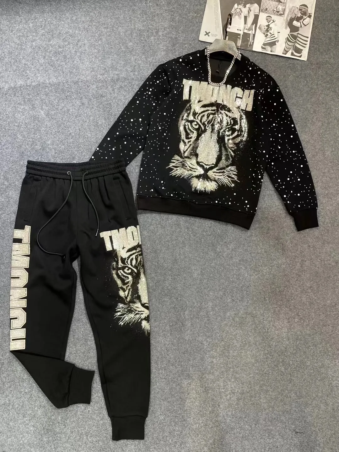 Fashion Trend Heavy Rhinestone Round Neck Sweatshirt 2025 Spring New Light Luxury Loose Casual Pullover Sweatshirt Set for Men