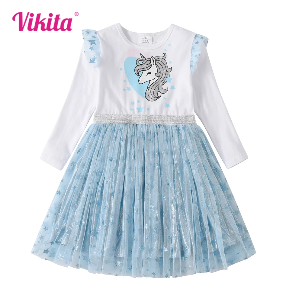 VIKITA Girls Blue Dress Kids Flare Sleeve Autumn Spring Unicorn Print Dress Girl Star Sequins Elegant Princess Patchwork Dresses