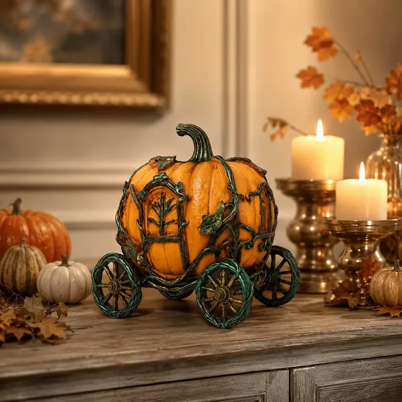 Halloween Pumpkin Carriage Resin Decor Vintage Gothic Fairy Tale Coach Ornament Rust Finish Tabletop Garden Decoration