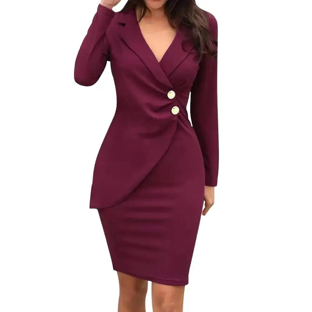 Office Women Pencil Dress Summer Work Uniform Dress Professional Buttons Slim Zipper Bodycon Suit Dress