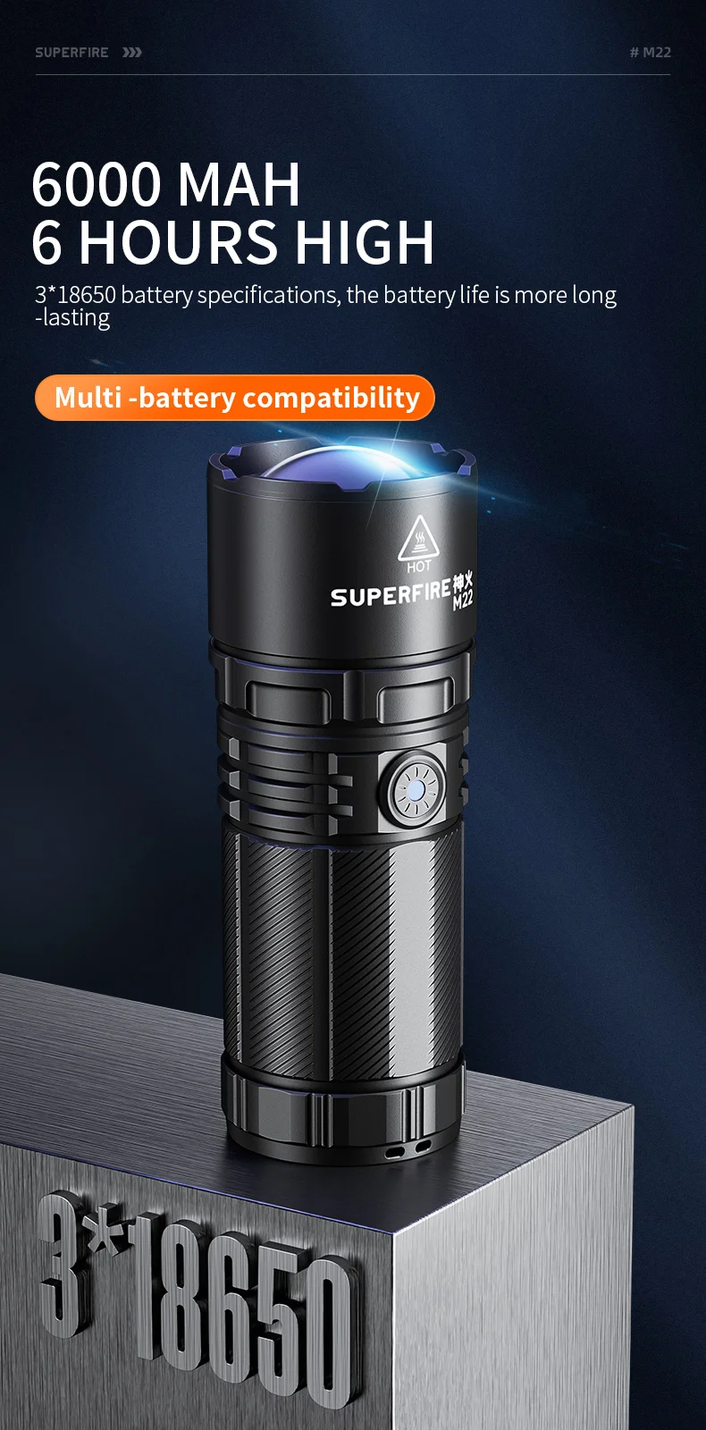 2025 SUPERFIRE M22 (Y2) Hochleistungs-Zoom-Taschenlampe mit großer Reichweite, wiederaufladbar, starkes Licht, 18650-Akku, Notfalllaterne – Detail 8