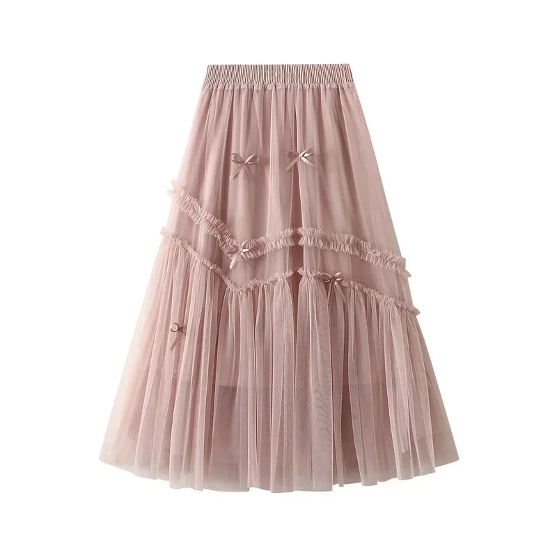 Greenora Women Gentle Bow Tulle Splicing Together Skirt with Big Swing Sweet Elastic Waist Mesh A-line Skirt Versatile Mid Lengt