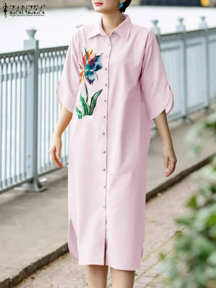 ZANZEA 2024 Summer Floral Print Long Shirt Dress Women Vintage 3/4 Sleeve Vestidos Elegant Lapel Neck Robes Casual Loose Dresses