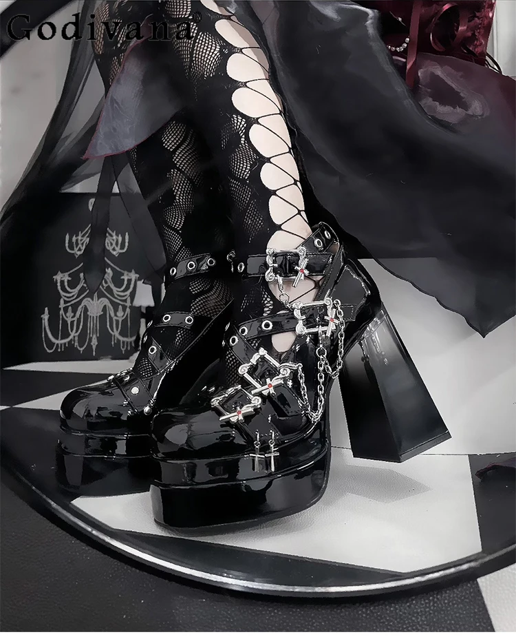 

Y2K Subculture Japanese Original Gothic Style High Heels Punk Style Sweet Cool Girl Lolita Round Toe Chunky Heel Single Shoes