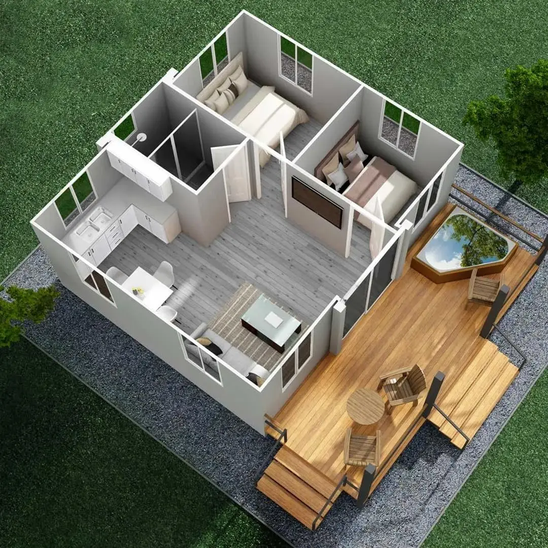 

Portable Prefabricated Tiny Home 20ft Expandable Prefab House with 2 Bedroom 1 Fully Equipped Bathroom Movable Foldable Home
