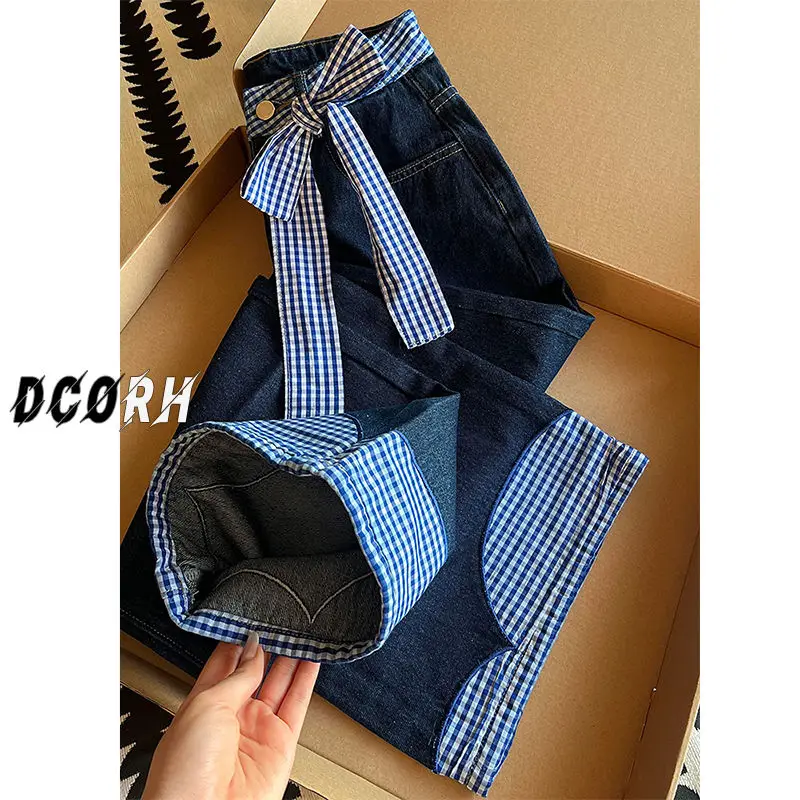 

Широкие джинсы для женщин весной и осенью, новый галстук-бабочка, шнуровка, клетчатый дизайн, прямые брюки в пол с высокой талией