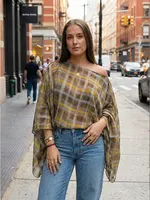 HH Women Fashion Plaid Print Blouse Vintage Casual Loose Asymmetric Hem Tops With Scarf Summer Thin Female Holiday Beach Outfits - Image 6