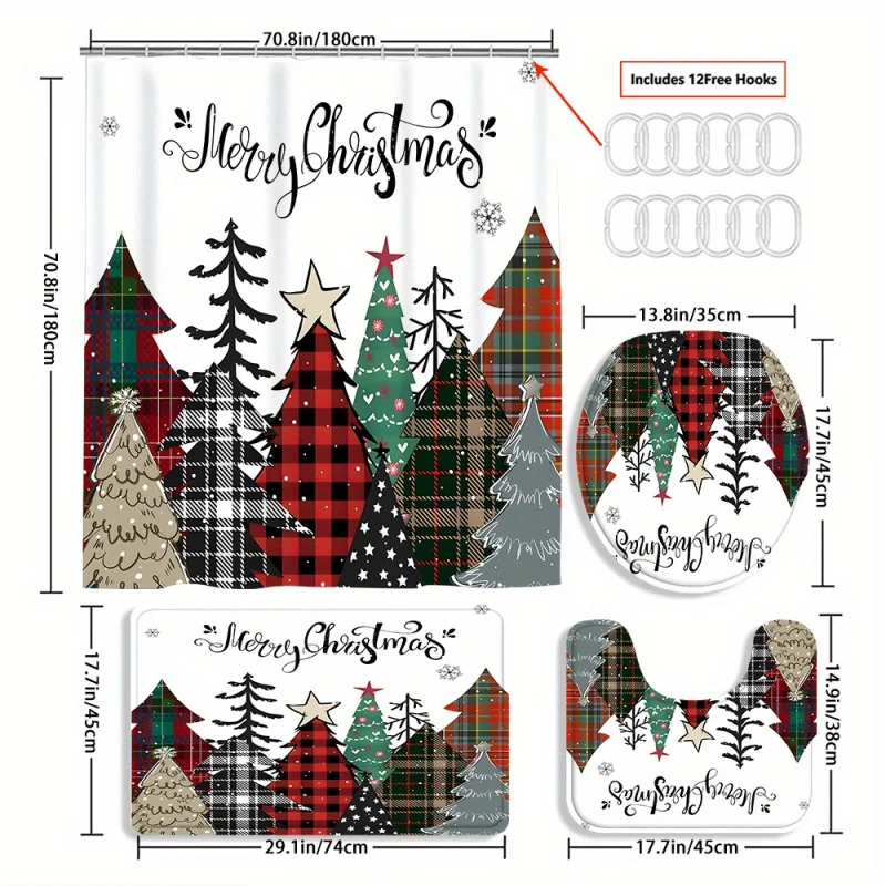 4pc Waterproof Shower Curtain Set with 12 Shower Curtain Hooks, Modern Christmas Tree Shower Curtain Decoration, Aesthetic H