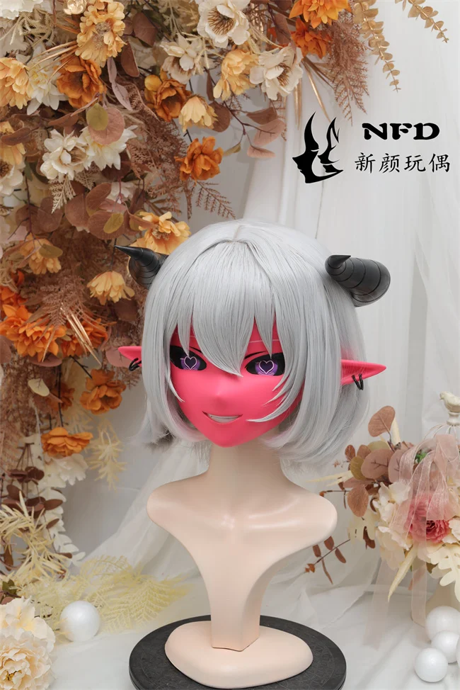 Kigurumi Pink Succubus NFD Full Headband Lock Cosplay Headshell Props Costume Anime Game