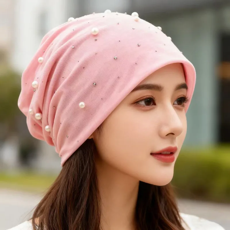 

New Autumn Winter Warm Brimless Hat - Rhinestone Pearl Embellished Personalized Stacked Pullover Cap for Postpartum