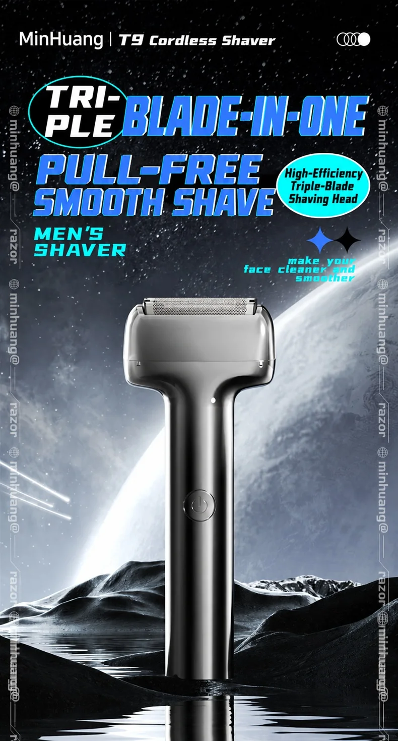 MH-T9 Men’s Magnetic Reciprocating Foil Shaver, Triple Cutting System, Type-C Rechargeable, IPX6 Washable Travel Razor for Face