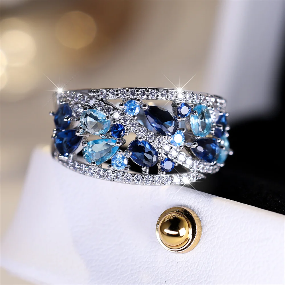 Royal Blue Crystal Water Drop Stone Ring Simulierte Aquamarin Verlobungsringe für Frauen Vintage Silber Farbe Hochzeit Party Band – Detail 4