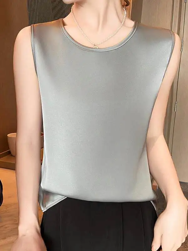New Acetate Satin  Color Silk Simulation Strap Vest Women round Neck Sleeveless Loose Large Size Suit Inner Wear