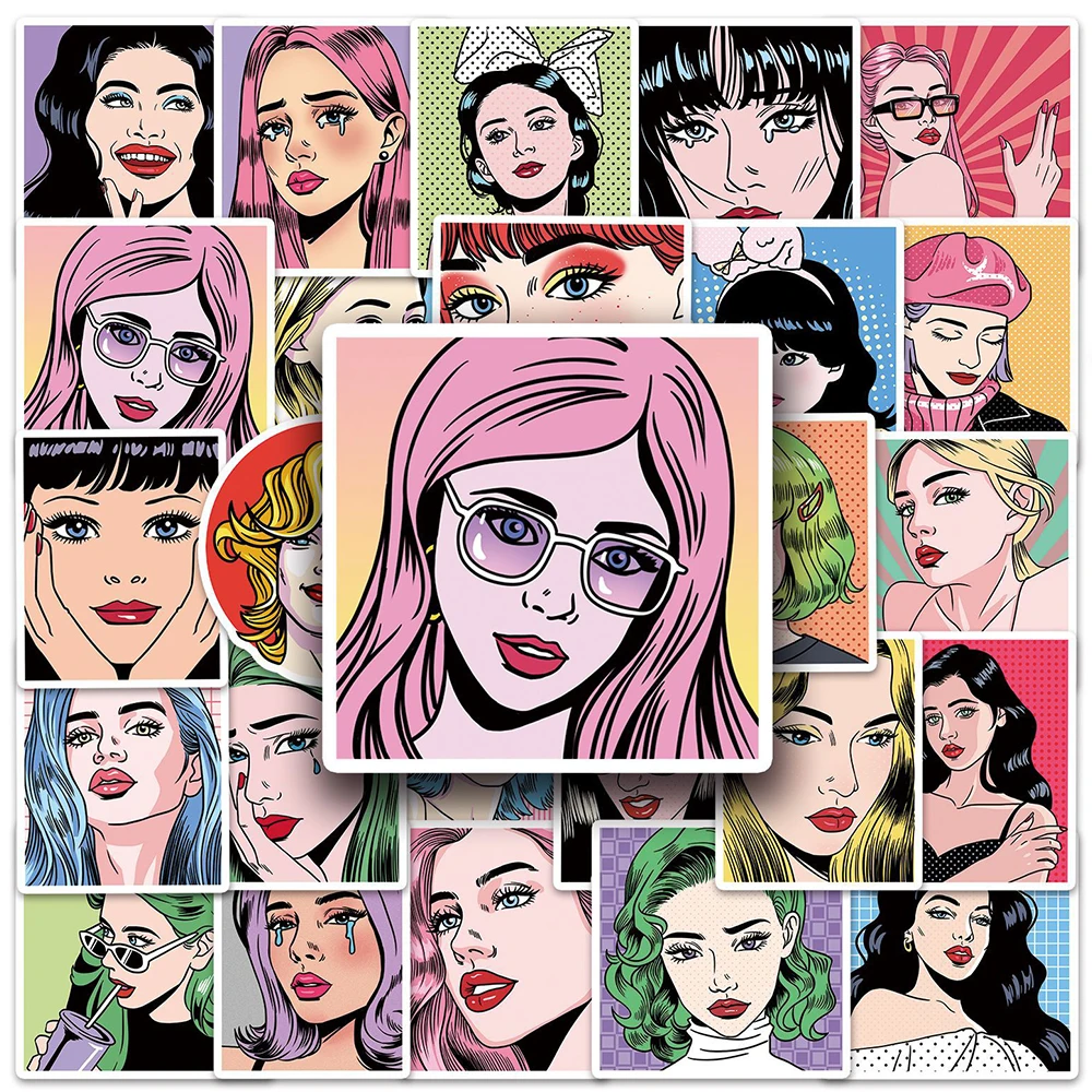 10/30/50pcs Vintage Pop Style Art Girl Stickers Decals Laptop Notebook Phone Skateboard Luggage Car Waterproof Sticker Kids Toy