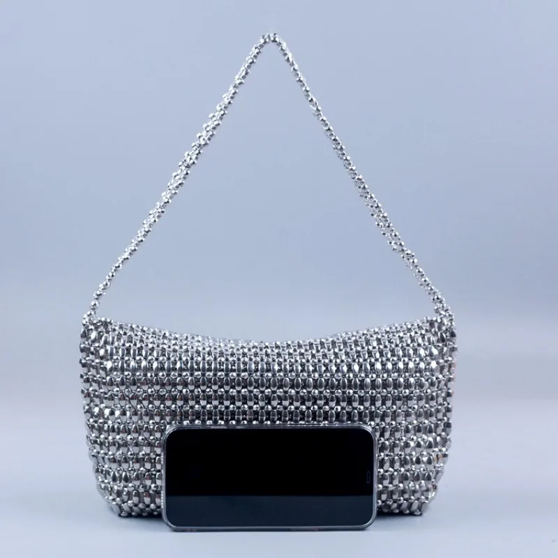 Handmade Metal Silver Beaded Bag Luxury Design Hollow Out Shoulder Underarm Bag Party Evening Club Armpit Bag Purse High Quality