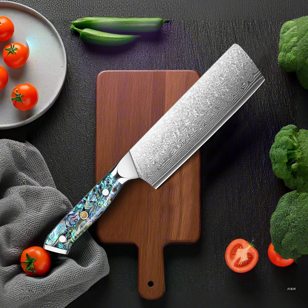 Nakiri, Kochmesser mit Damaszener Klinge, Küchenmesser, aus VG-10 Stahl, ideal zum Schneiden von Fleisch, Obst und Gemüse, für den Haushalt – Detail 5