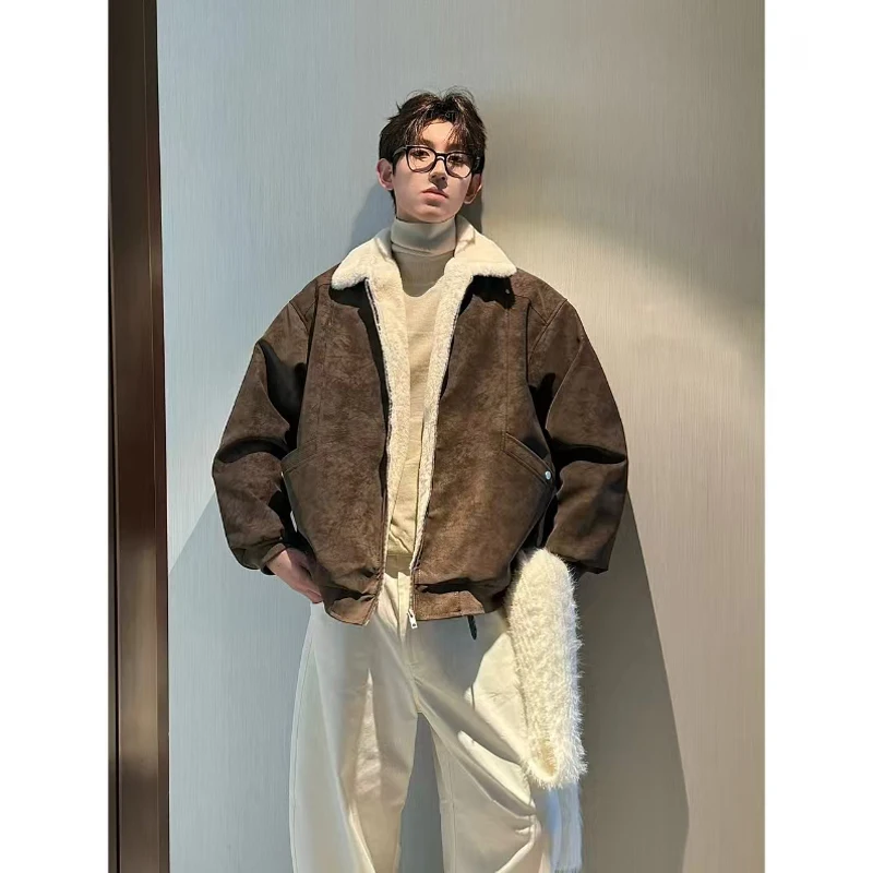 

New Fashion Maillard Baan Style Lamb Wool PU Leather Cotton Padded Jacket Men's Velvet Thermal Winter Coats Men Clothes