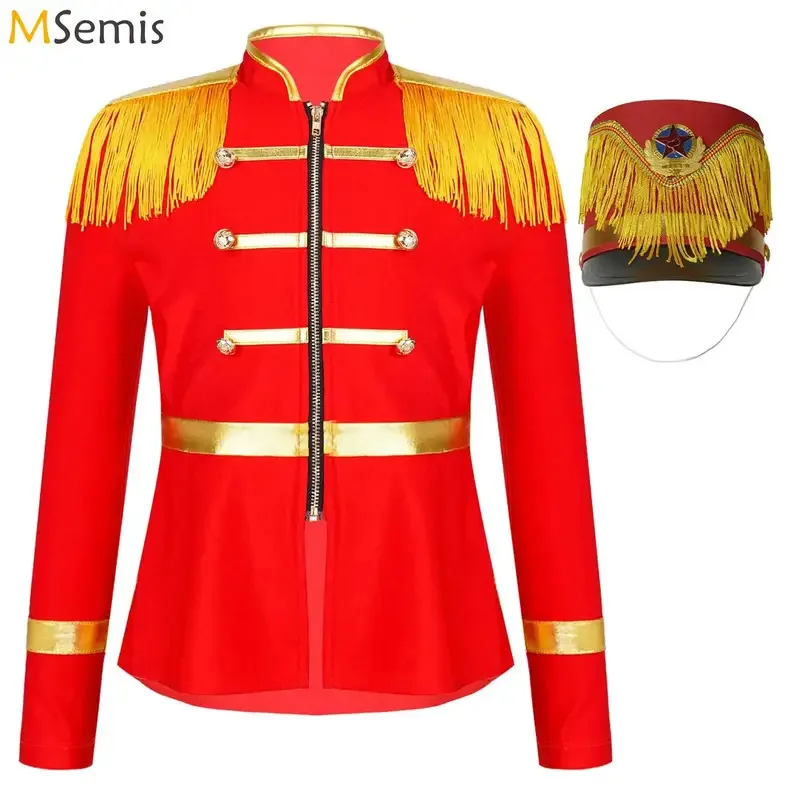 

Kids Long Sleeve Circus Ringmaster Cosplay Costume Marching Band Uniform Tassel Major Band Drum Honor Guard Jacket Coat with Hat