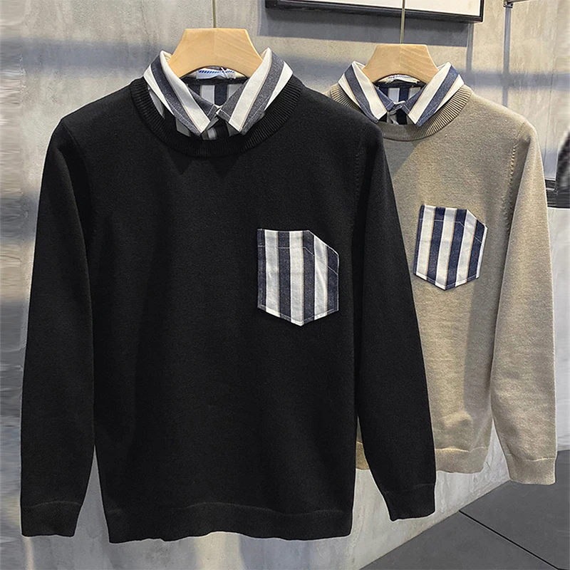 

Модный мужской вязаный свитер с длинными рукавами, имитация двухслойности, с воротником-стойкой, приталенный, осенне-зимний, молодежный, верхняя одежда