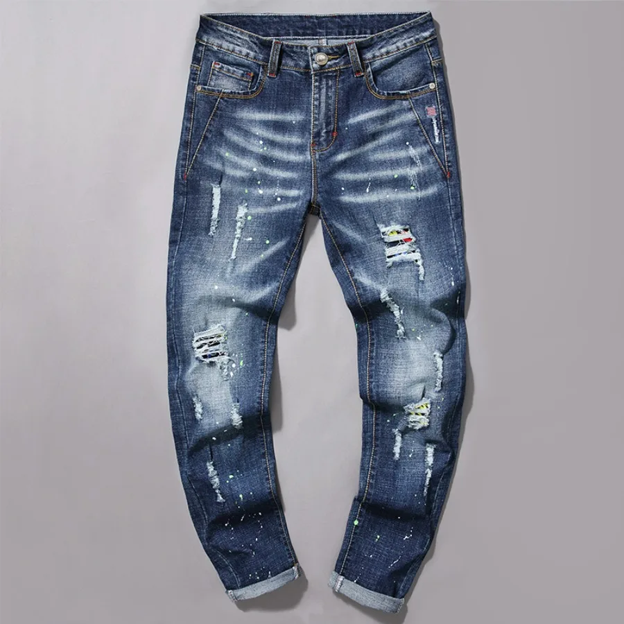 Trendy Ripped Jeans Men's Korean Version Slim Fit Patch Small Leg Pants Casual Men's Pants