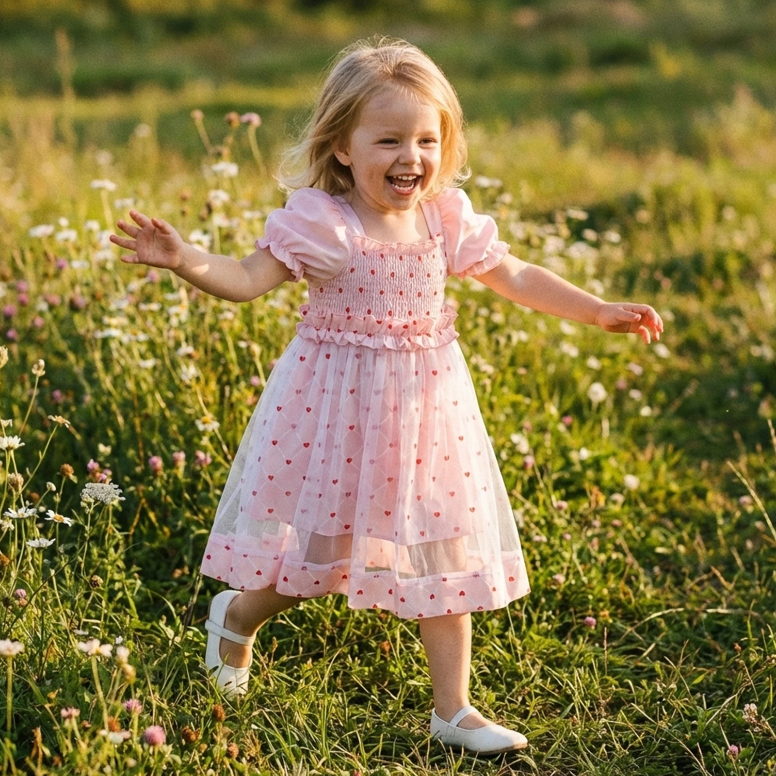 1-4Y Little Girls Mesh lace Party Dress Summer Fashionable Heart Print Short Sleeve Square Neck Ruffled Princess Dresses