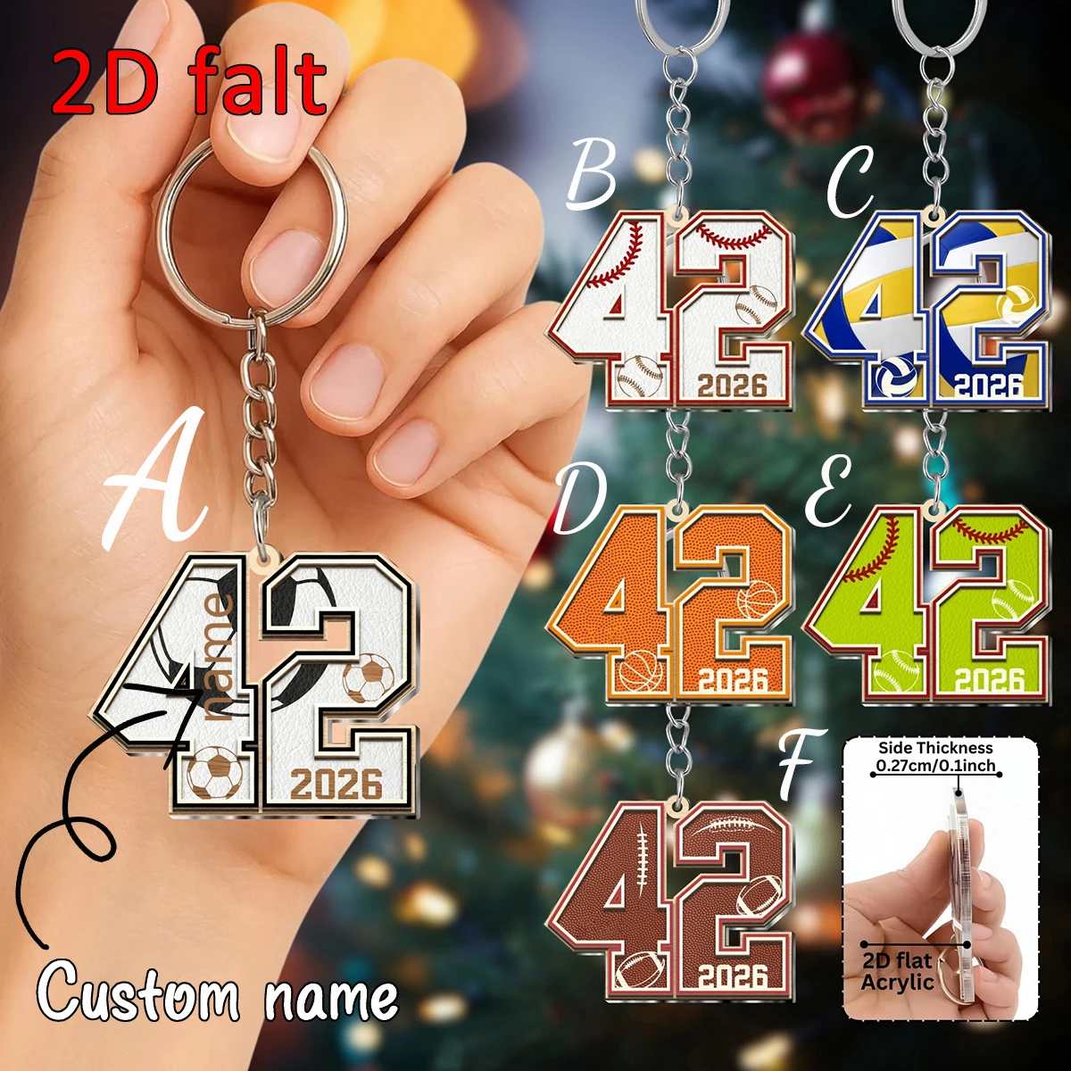 Custom Name 2D Flat Acrylic "42" Sports Ball Keychain, Soccer Baseball Basketball Football Design, 2026 Style Teen Slang Gift