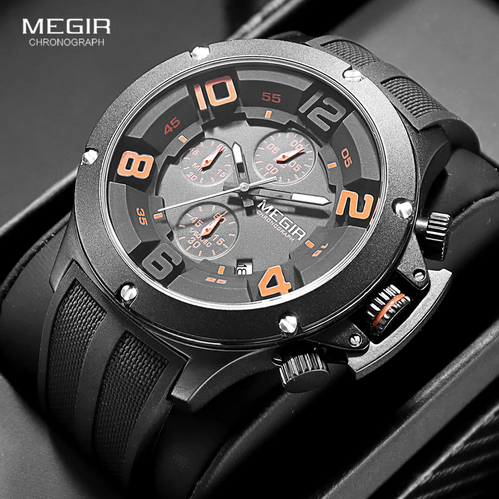 MEGIR Military Sport Quartz Watch Men Fashion Waterproof Wristwatch with Silicone Strap Luminous Hands Date Chronograph Black