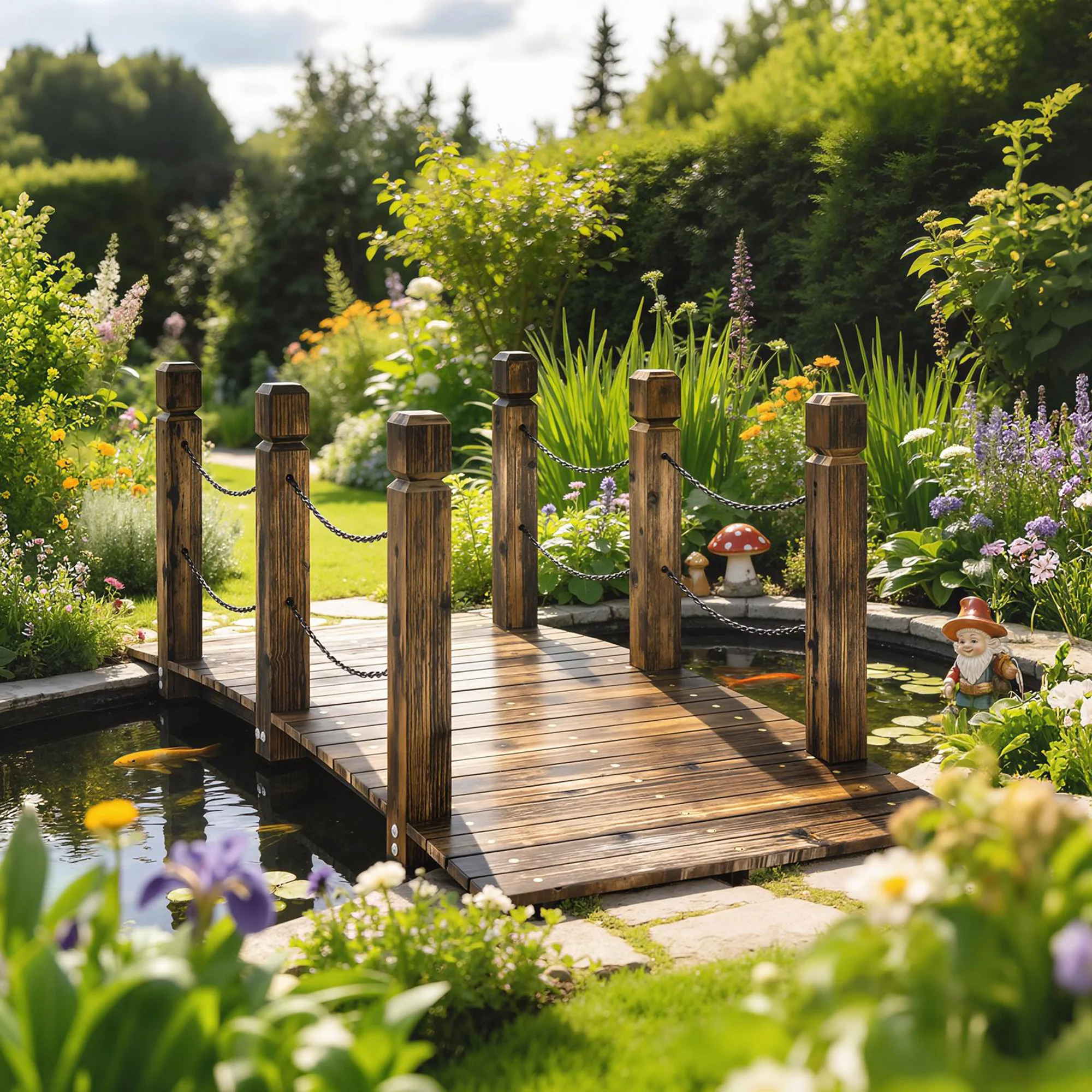 Pont de jardin en bois Outsunny, 1,51 m, pont décoratif rustique pour bassin avec garde-corps de sécurité, capacité de charge 200 kg, construction robuste, carbonisé