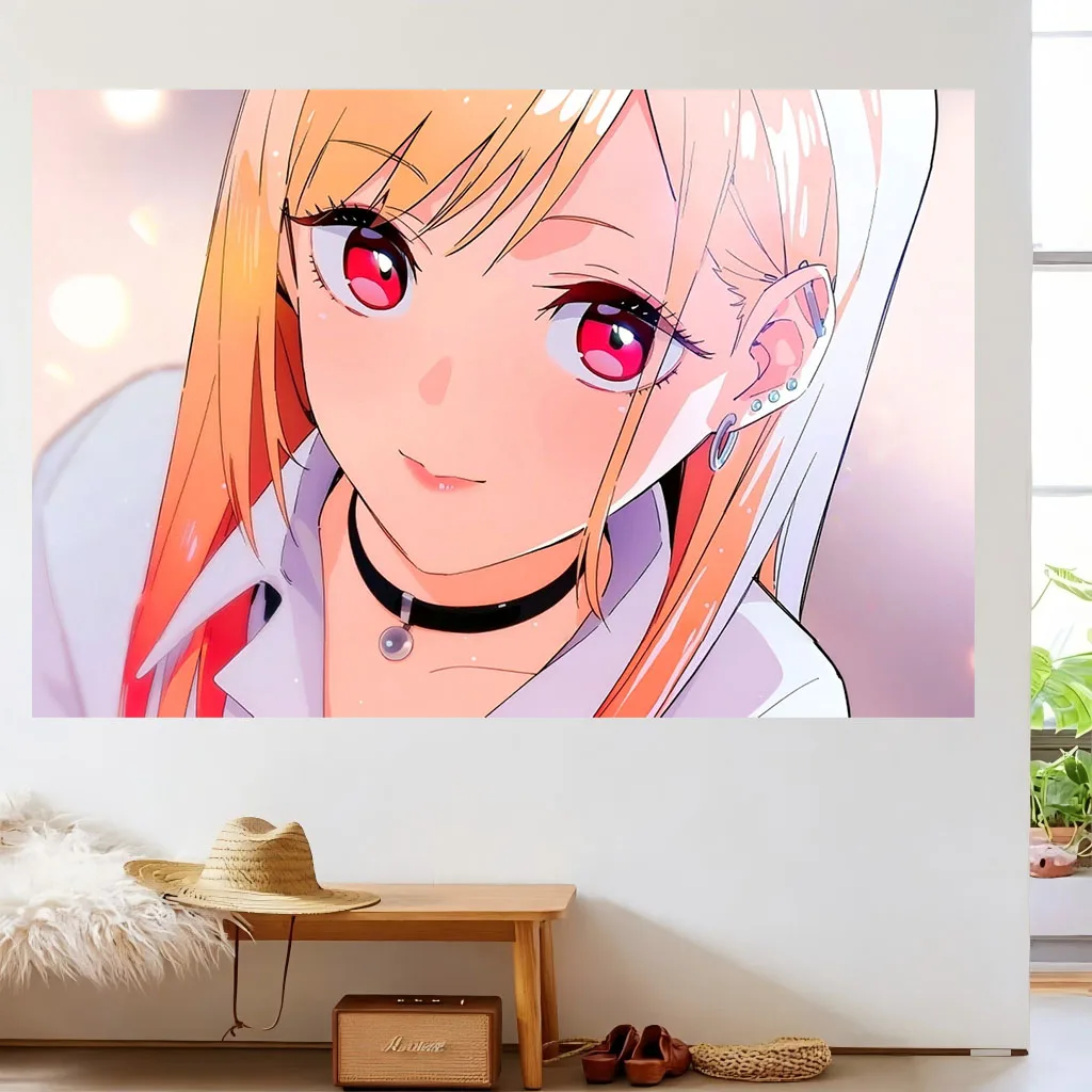 Aesthetic Blonde Anime Girl Tapestry Red Eyes Ear Piercing Choker Manga Portrait Glow Bokeh Wall Hanging Dorm Bedroom Wall Decor