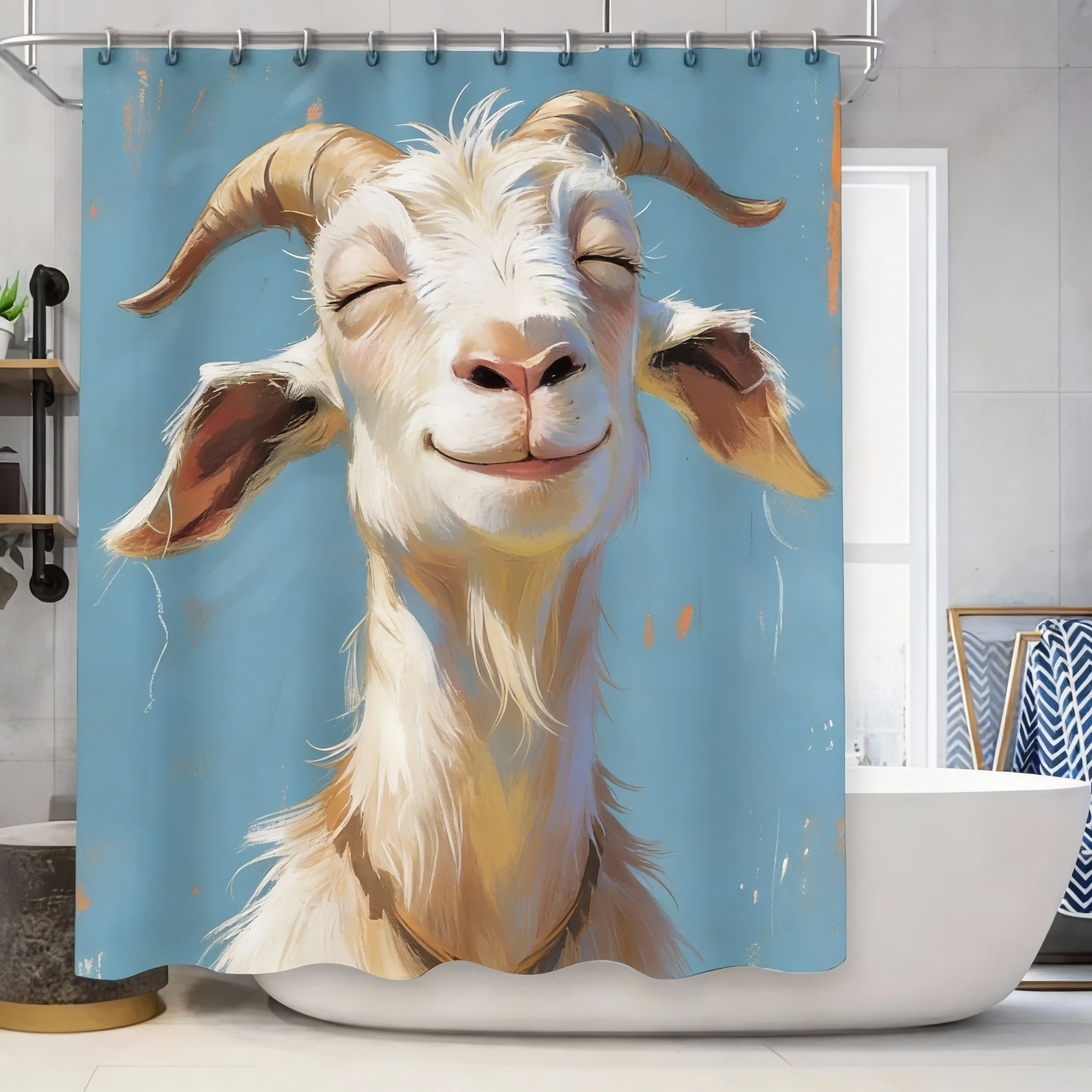 Goat Pattern Waterproof Mold Proof Shower Curtain Creative Bathroom Curtain Unique Design Stylish Home Decor Complimentary Hook