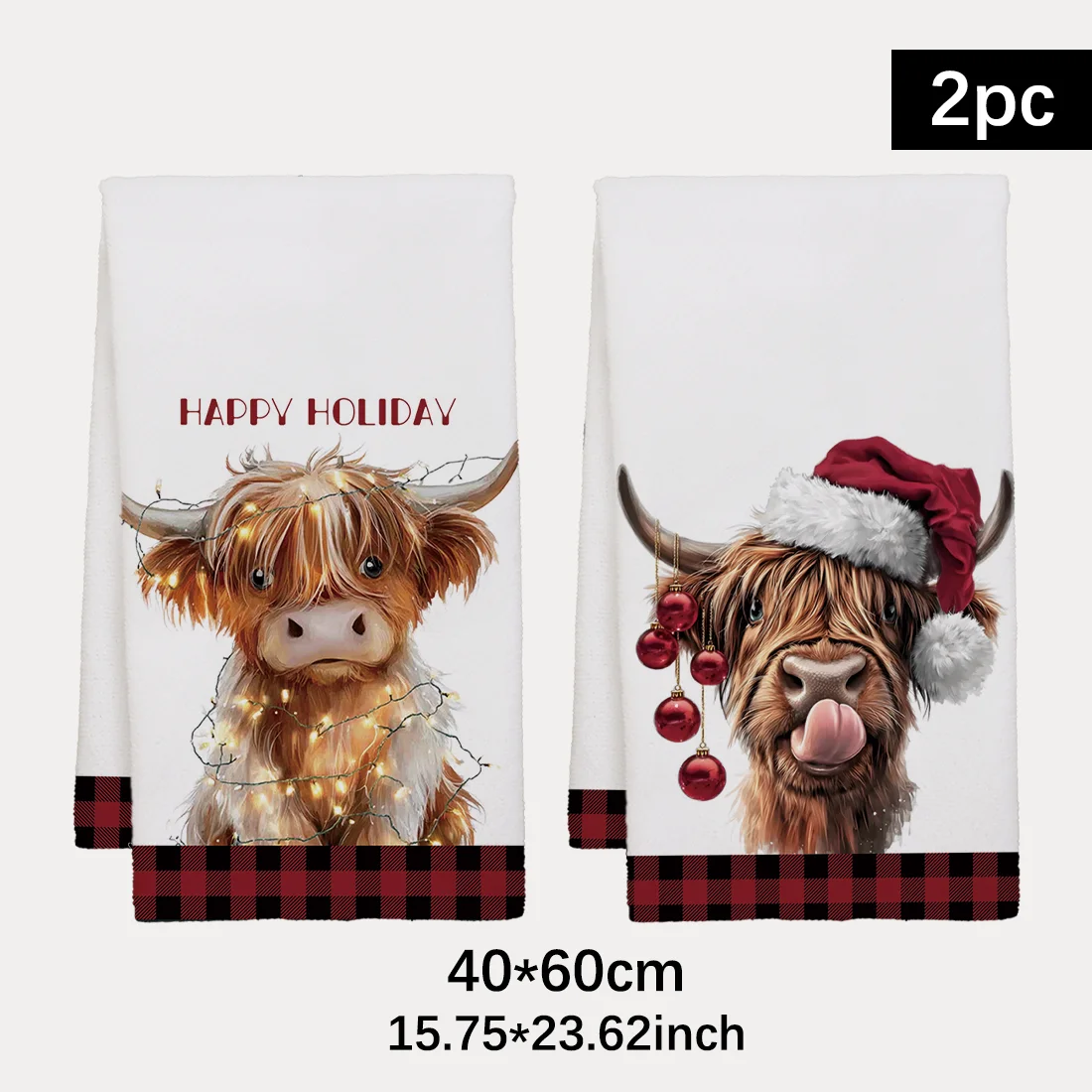 2pcs 40x60cm Kitchen Dishcloth Tea DishTowel Santa Hat Highland Cow Red Plaid Wash Cloth Gifts Dish Cloth Towel