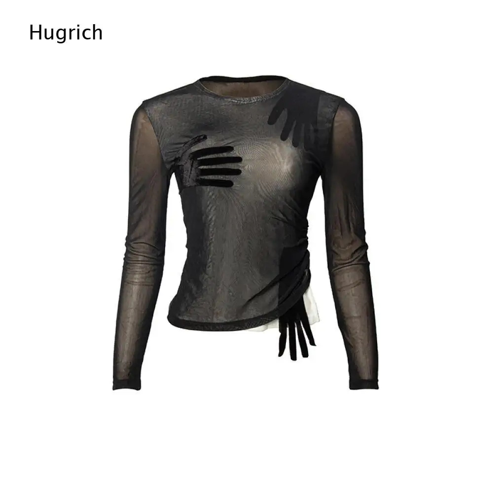 Ladies Black Sheer Mesh Long Sleeve Top Round Neck 3D Hand Motif Side Waist Gathered White Inner Layer Slim Casual Tee