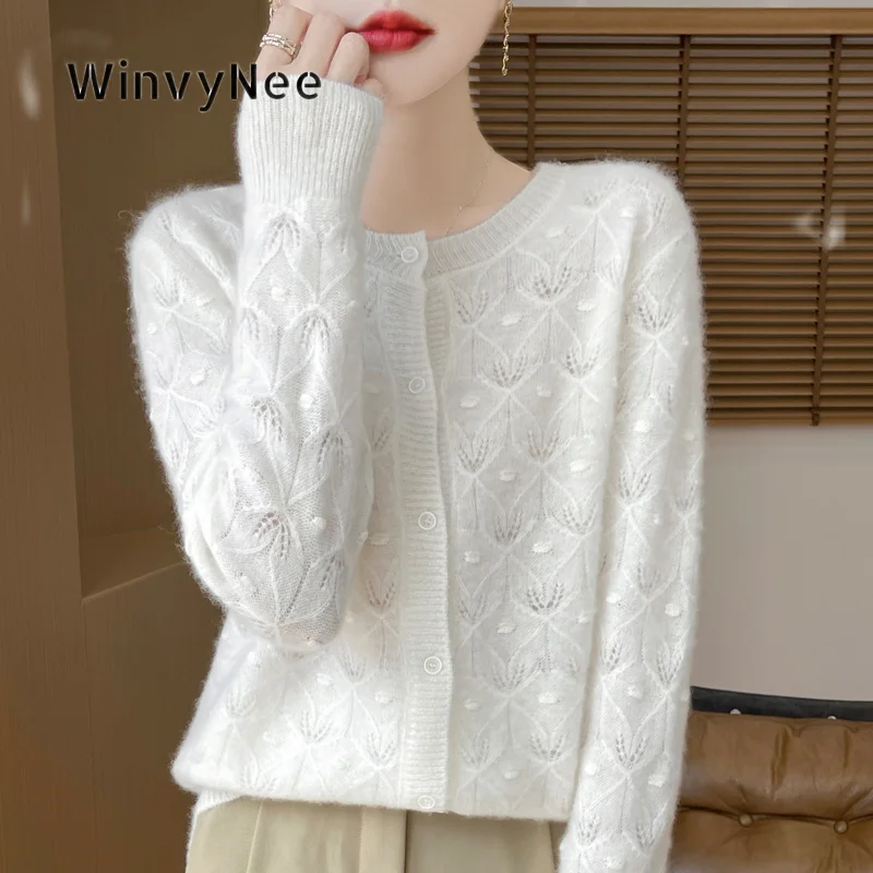 WinvyNee Women Pure Wool Solid Color Jacquard Hollow Crochet Cardigan Soft Breathable Autumn Winter Knit Outerwear ZB1807014