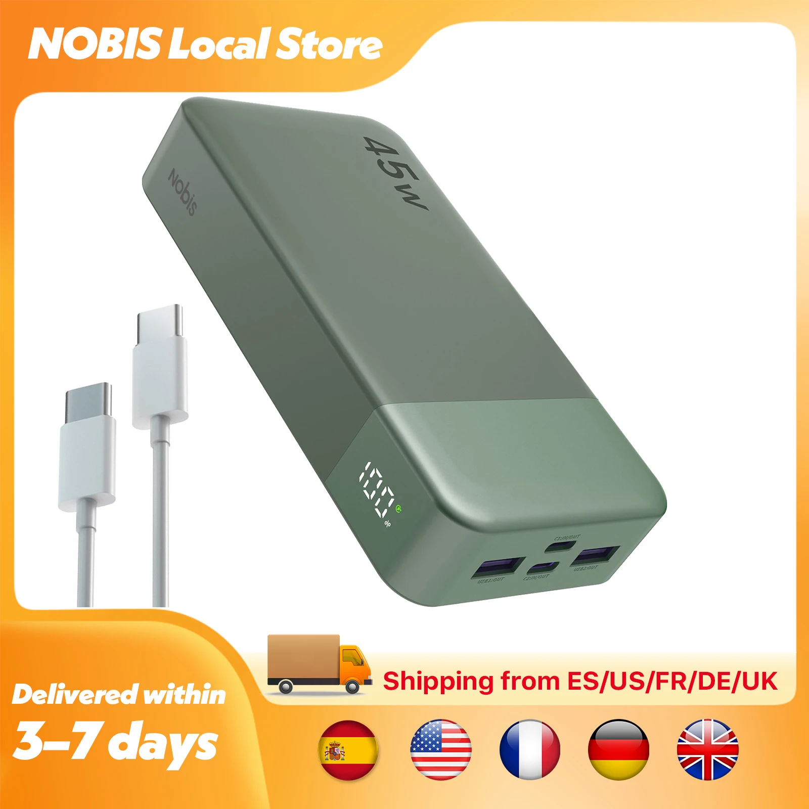 Chargeur portable NOBIS 20000mAh, batterie externe 45W, charge rapide, avec câble C vers C pour iPhone, Android, ordinateur portable