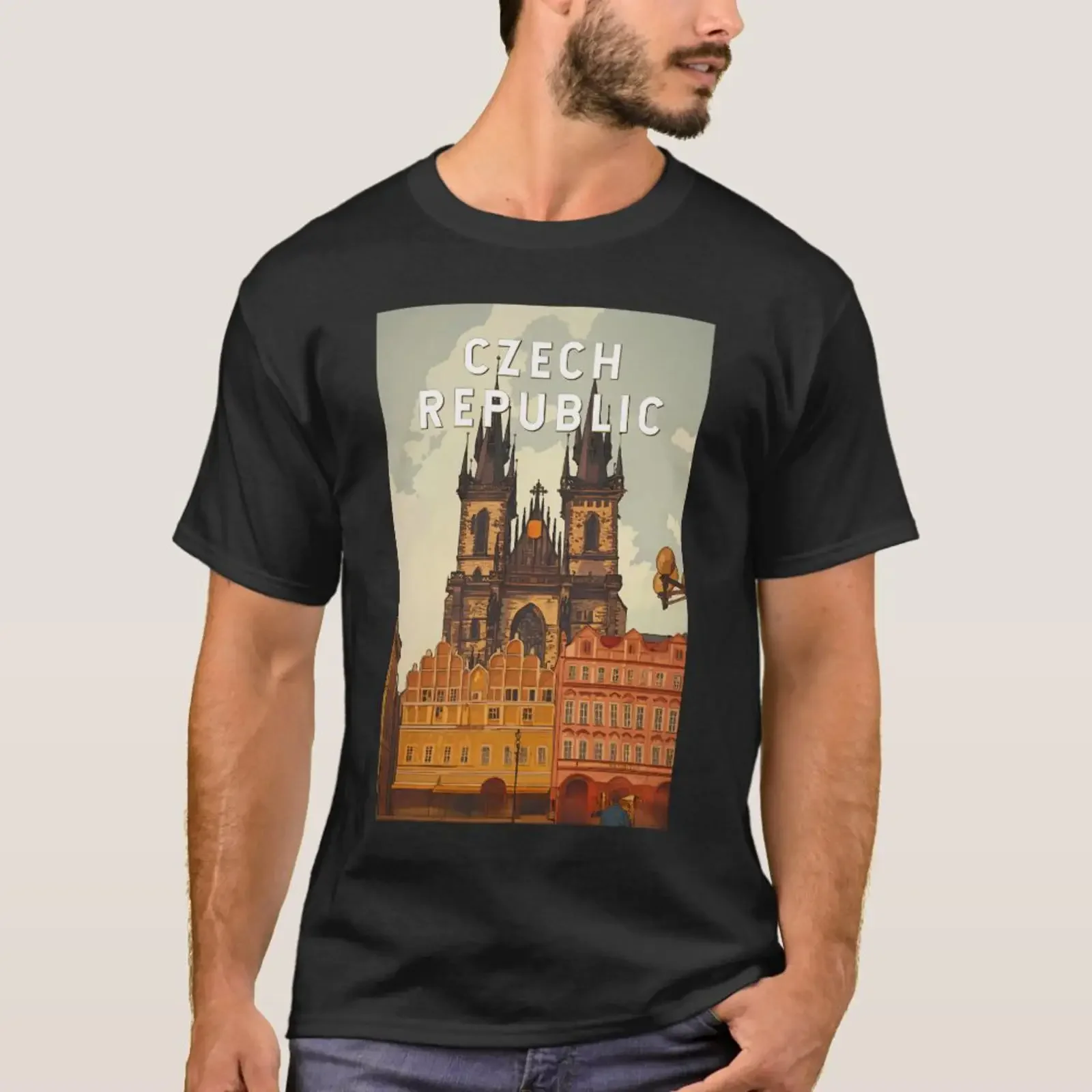 Czech Republic Illustration Travel Art Vintage T Shirt vintage Washed Versatile fashion streetwear graphic designer clothes