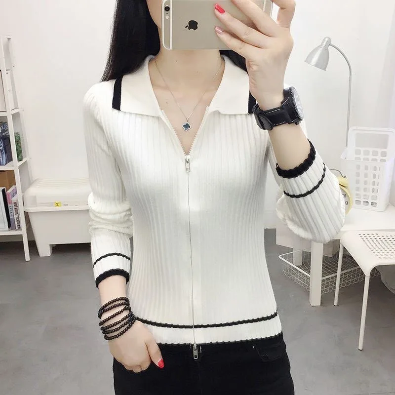 Autumn Spring Style Women Knitted Pullover Tops Lady Casual Zipper V-Neck Knitted Pullover Sweater ZZ0972