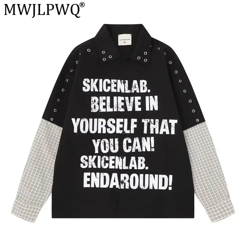 MWJLPWQ Fake Two-Piece Plaid Patchwork Long-Sleeve Shirt Men Spring Autumn Street Fashion Metal Hollow Design Letter Tops 20033