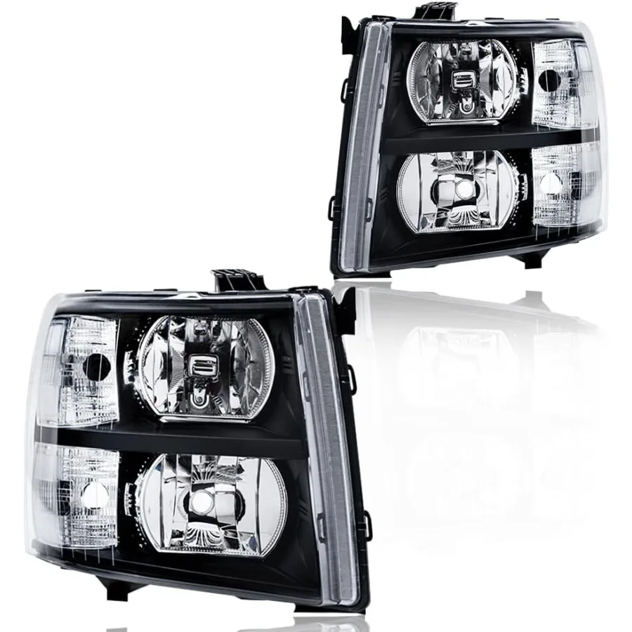 

Headlights Assembly Front Headlamp Driver and Passenger Side Compatible with Chevy Silverado 1500 2500 3500HD 2007-2014Chrome Bl