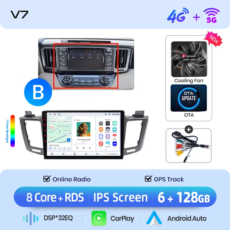 Junsun draadloze CarPlay Android Auto autoradio voor Toyota RAV4 (XA40) 2012-2018 met ingebouwde koelventilator, Android GPS navigatie, multimediaspeler, WiFi, DSP, RDS, BT, SWC, IPS touchscreen,