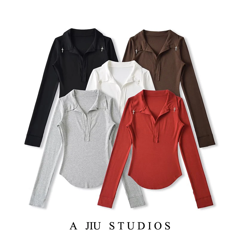 

Американская футболка Slim Fit Long Sve, женская весенне-осенняя красная футболка с отложным воротником, песочные часы, талия, внутренняя одежда, базовый топ
