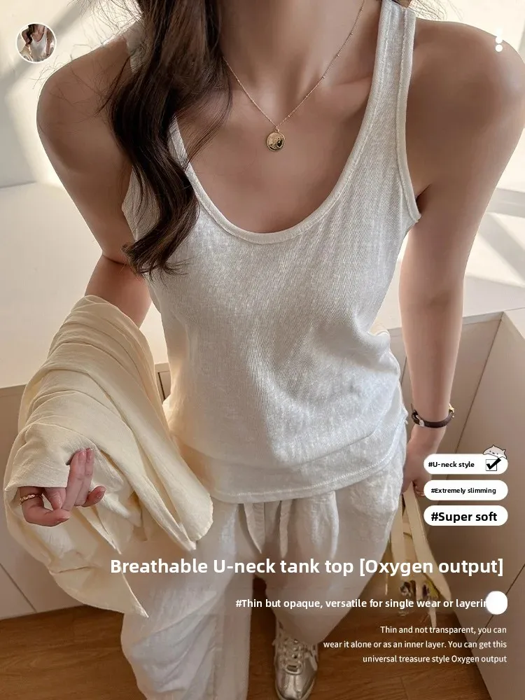 White Strapless Cotton Linen Tank Top Women's Inner Wear Summer Outdoor Wear New 2026 Anti-Light Sleeveless Top