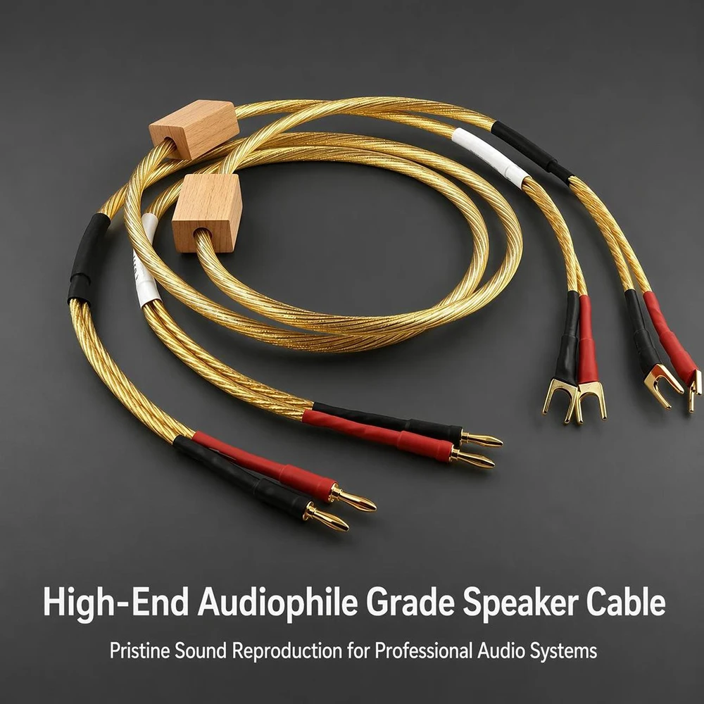New Gold Speaker Cable Sterling Silver audiophile Loudspeaker amplifier Wire with gold Plated Banana Plug 1 pair