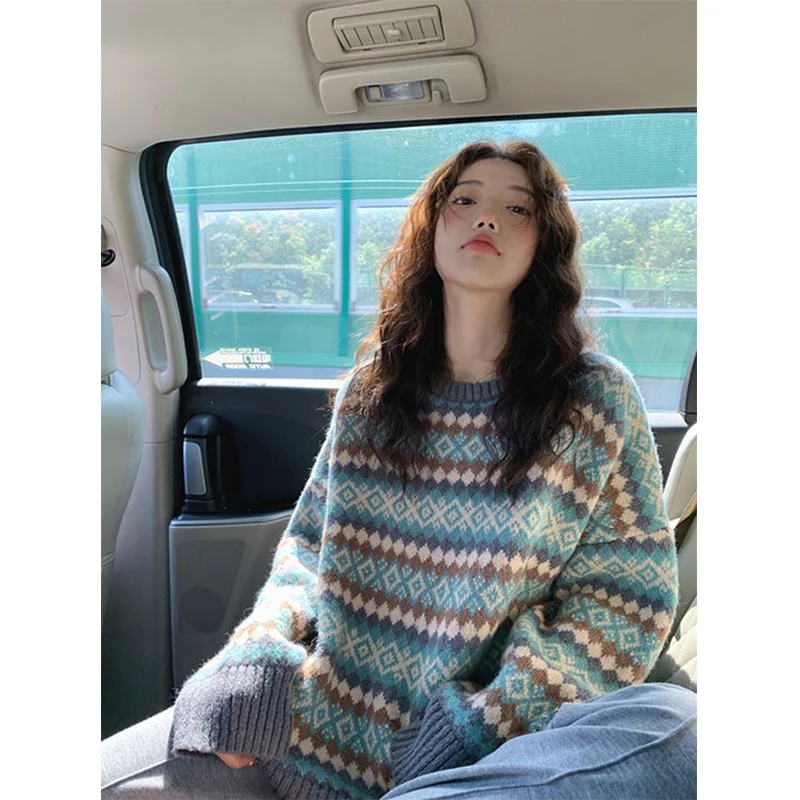 

Streetwear Argyle Sweater Women Vintage Oversized Thick Knitted Pullover Korean Print Loose Knitwear Autumn Winter Casual Jumper