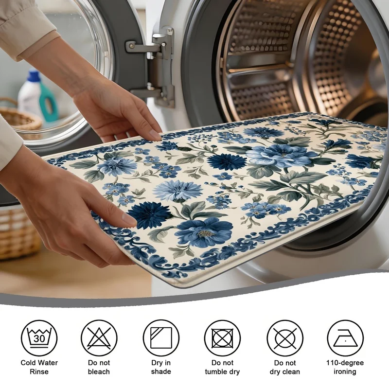 Bath Mat Navy Blue Floral Scroll Print Non Slip Bathroom Rug Water Absorbent Quick Dry Shower Floor Doormat