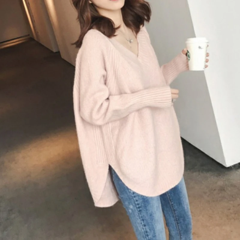 2025 Autumn/Winter V-neck Long Sleeved Sweater Women's Casual Loose Knitted Pullover Korean Style Elegant Solid Color Knitwear