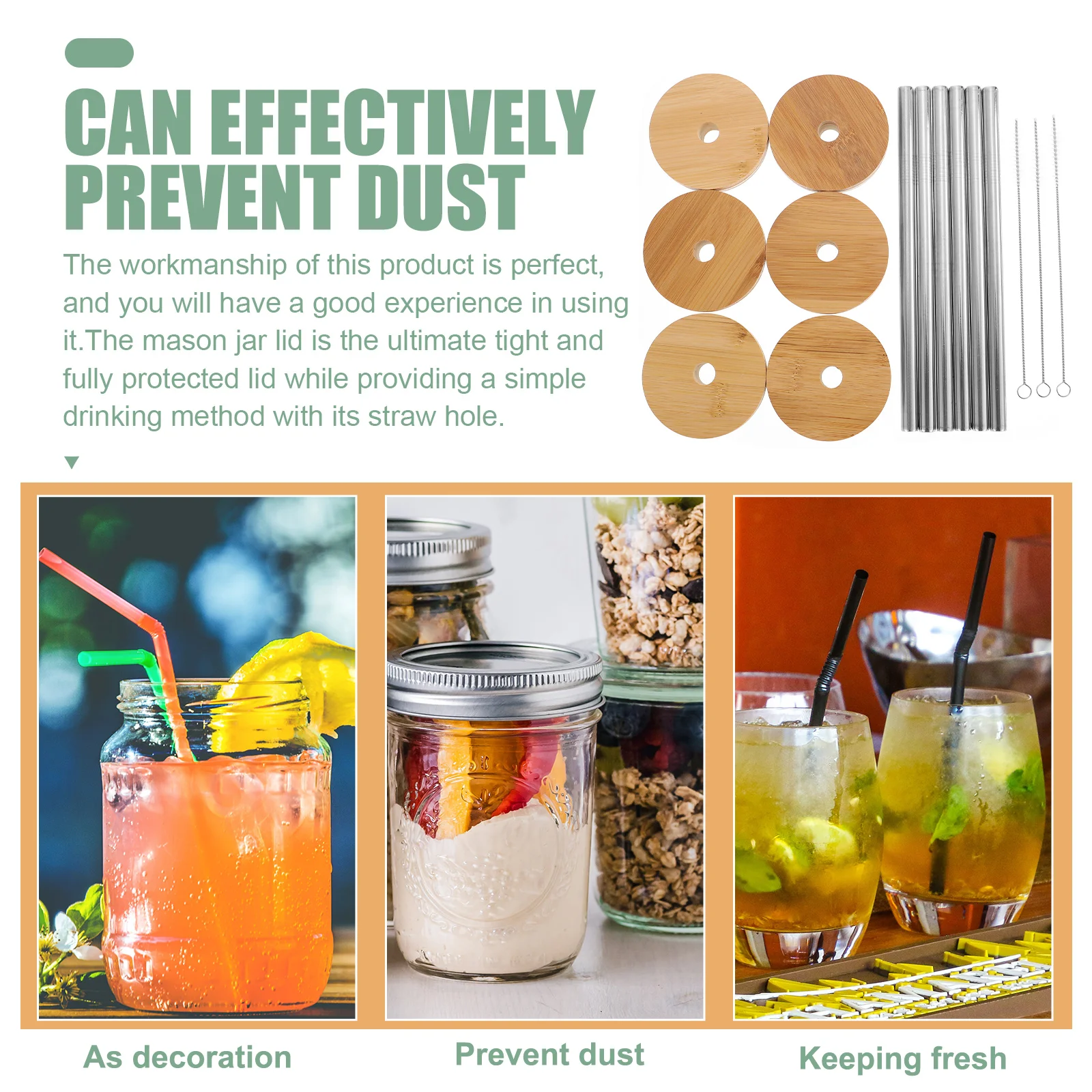 

Beverage Covers Bamboo Wood Lid Mason Cup Jars Protective Sealing Straw Hole Multipurpose Storage Kitchen Bar Accessories