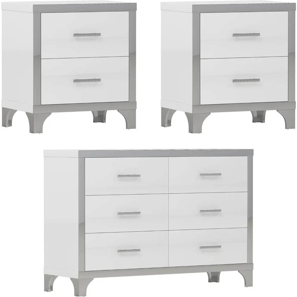 

Bedroom Furniture Set: 6-Drawer Mirrored High Gloss Dresser and Pair of Nightstands