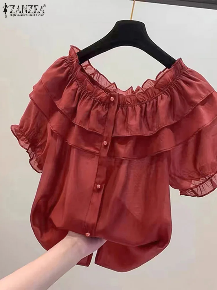 ZANZEA-Top de manga corta para mujer, Blusa de gasa lisa con volantes y costuras, cuello elástico, Estilo Vintage, ideal para vacaciones y verano