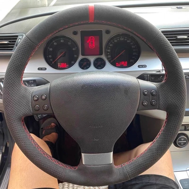 Hand-Sew Non-slip Suede Nappa Leather Steering Wheel Cover For VW Volkswagen Passat Sagitar Magotan Tiguan Touran CC Lavida Bora
